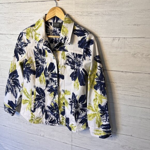Addition by Chicos Jacket Womens Size 1 Blue and Green Floral White Denim - Picture 3 of 15